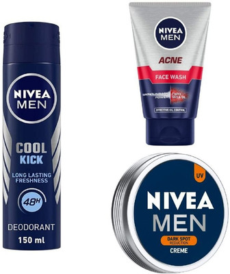 NIVEA Men Cool Kick Deo 150ML , Acne Face Wash 100 Ml , Dark Spot Reduction Creme 75 Ml,423(3 Items in the set)