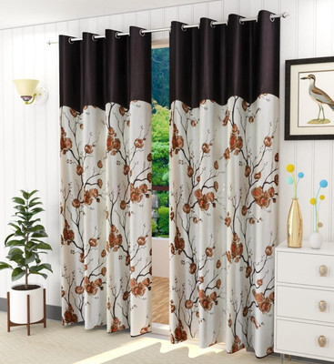 Kraftiq Homes 152 cm (5 ft) Polyester Semi Transparent Window Curtain (Pack Of 2)(Floral, Brown)