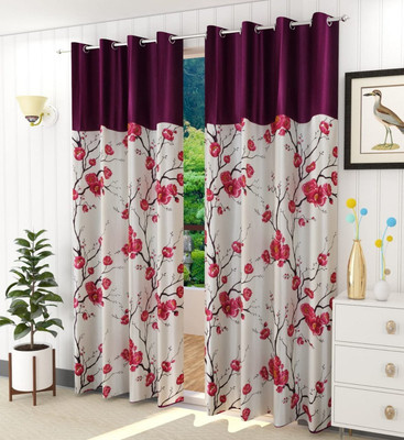 Kraftiq Homes 214 cm (7 ft) Polyester Semi Transparent Door Curtain (Pack Of 2)(Floral, Maroon)
