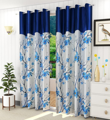 Kraftiq Homes 152 cm (5 ft) Polyester Semi Transparent Window Curtain (Pack Of 2)(Floral, Aqua)