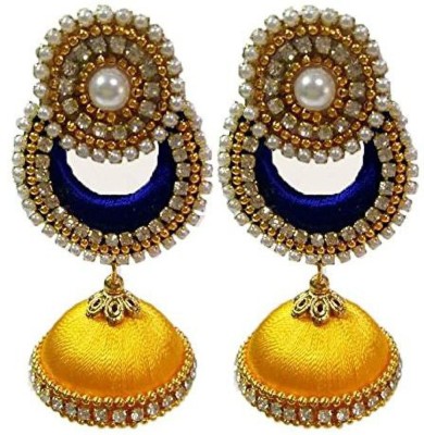 Manali Creations Blue and Lemon Yellow silk thread chandbali with jumka earrings by Manali Creations Fabric Jhumki Earring