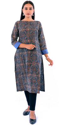 HOK Women Printed Straight Kurta(Blue) HOK Women Printed Straight Kurta(Blue)