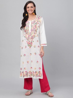 ADA Women Chikan Embroidery, Paisley, Embroidered Straight Kurta(White)