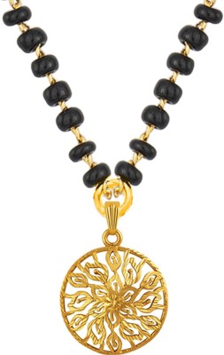 JFL Jewellery for Less Fashionable Mangalsutra Gold Plated Round Floral Pendant With Black Beaded Golden Chain Copper Mangalsutra