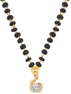 JFL Jewellery for Less Fashionable Mangalsutra Gold Plated Cubic Zircon Designer Solitaire Pendant With Black Beaded Golden Chain Copper Mangalsutra