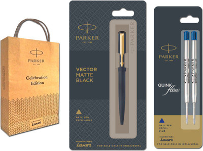 PARKER Vector Matte Black Ball Pen With Key chain and Flow Two Refill Ball Pen(Ink Color - Blue)