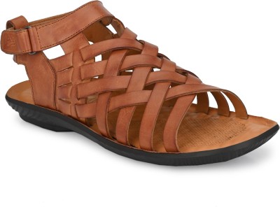Hitz Tan Leather Open Toe Sandals with Velcro Closure Men Tan Sandals