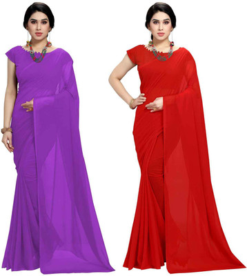 ANAND Solid/Plain Bollywood Georgette Saree(Pack of 2, Purple, Red)