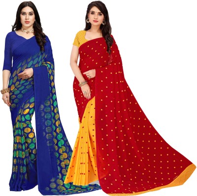 kashvi sarees Printed, Graphic Print, Polka Print Daily Wear Georgette Saree(Pack of 2, Red, Blue, Yellow)