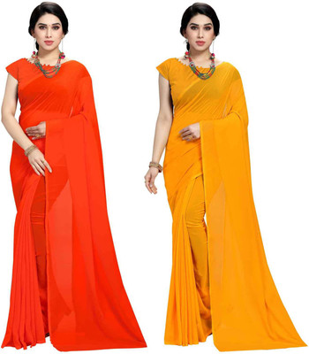 ANAND Solid/Plain Bollywood Georgette Saree(Pack of 2, Orange, Yellow)