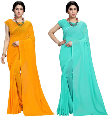 ANAND Solid/Plain Bollywood Georgette Saree(Pack of 2, Light Blue, Yellow)