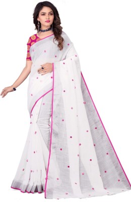 CHITRA FASHION Embellished Chanderi Silk Blend Saree(White, Pink)