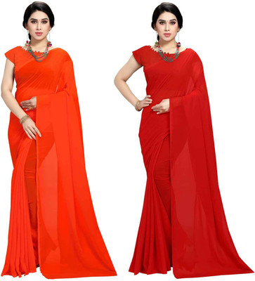 ANAND Solid/Plain Bollywood Georgette Saree(Pack of 2, Red, Orange)
