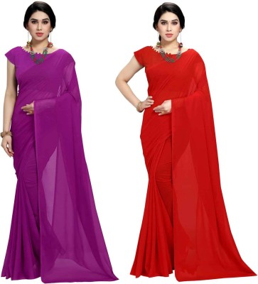 Anand Solid/Plain Bollywood Georgette Saree(Pack of 2, Magenta, Red)