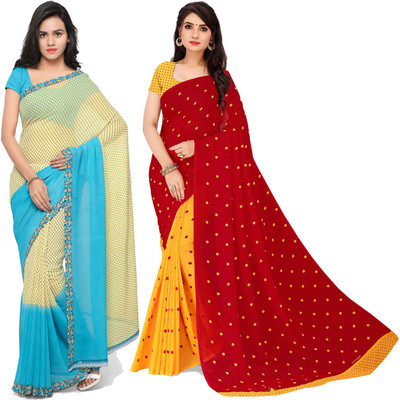 ANAND Printed, Graphic Print, Polka Print Daily Wear Georgette Saree(Pack of 2, Red, Blue, Yellow)