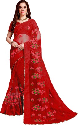 Trijal Fab Embroidered Bollywood Net Saree(Red)