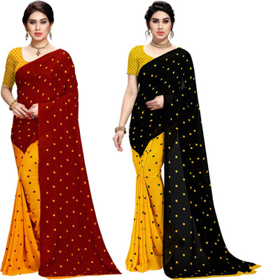 ANAND Printed, Graphic Print, Polka Print Daily Wear Georgette Saree(Pack of 2, Red, Black, Yellow)