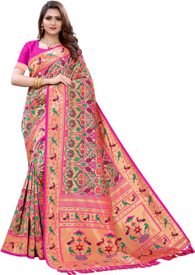 PANZORA Printed Paithani Cotton Blend Saree(Pink)