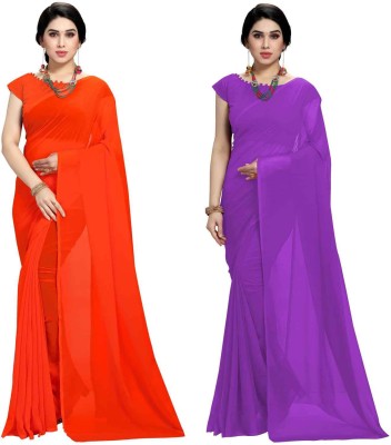 Anand Solid/Plain Bollywood Georgette Saree(Pack of 2, Purple, Orange)