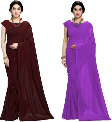 Anand Solid/Plain Bollywood Georgette Saree(Pack of 2, Purple, Brown)