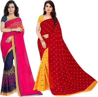 kashvi sarees Printed, Graphic Print, Polka Print Daily Wear Georgette Saree(Pack of 2, Red, Blue, Pink, Yellow)