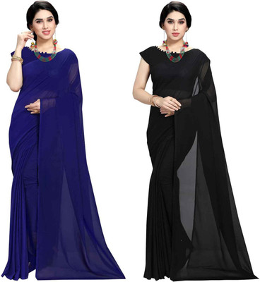 ANAND Solid/Plain Bollywood Georgette Saree(Pack of 2, Dark Blue, Black)