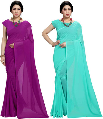 ANAND Solid/Plain Bollywood Georgette Saree(Pack of 2, Magenta, Light Blue)