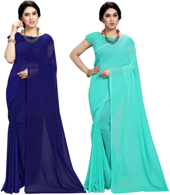 ANAND Solid/Plain Bollywood Georgette Saree(Pack of 2, Dark Blue, Light Blue)