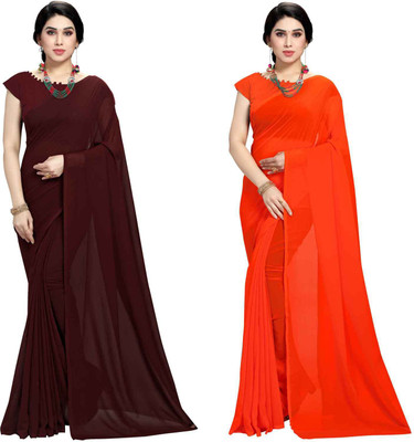 ANAND Solid/Plain Bollywood Georgette Saree(Pack of 2, Brown, Orange)
