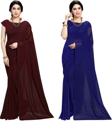 ANAND Solid/Plain Bollywood Georgette Saree(Pack of 2, Dark Blue, Brown)