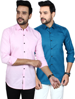 Men Solid Casual Blue, Pink Shirt(Pack of 2)