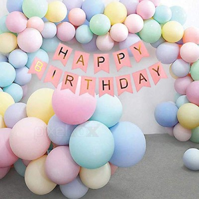 Pixelfox Happy Birthday Banner (Pink) + Candy Balloons (Multi)(Pack of 50)(Set of 51)