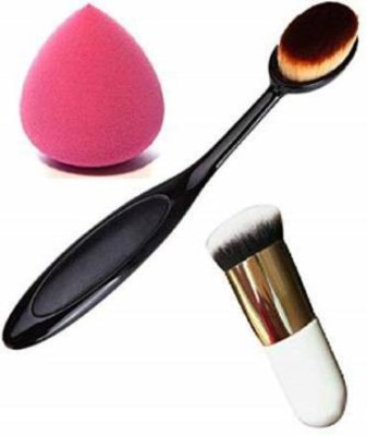 Lenon Beauty Personal and Professional Use Combo Set of Single Oval Brush with Puff and Blend Brush (Multicolor)(3 Items in the set)