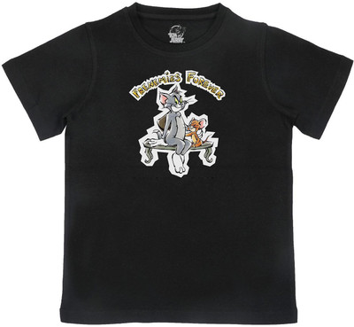 TOM & JERRY Boys Graphic Print Pure Cotton Regular T Shirt(Black, Pack of 1)