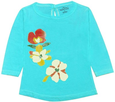 babeezworld Baby Girls Floral Print Pure Cotton Regular T Shirt(Blue, Pack of 1)