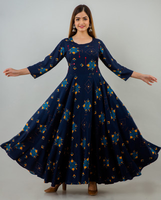 Lee Moda Women Printed Flared Kurta(Blue)