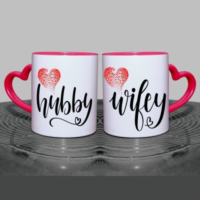 Murli Textiles MTM Hubby & Wifey Red heart handle, ceramic coffee mug (350ml) Ceramic Coffee Mug(350 ml, Pack of 2)