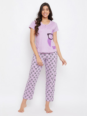 Clovia Women Graphic Print Purple Top & Pyjama Set