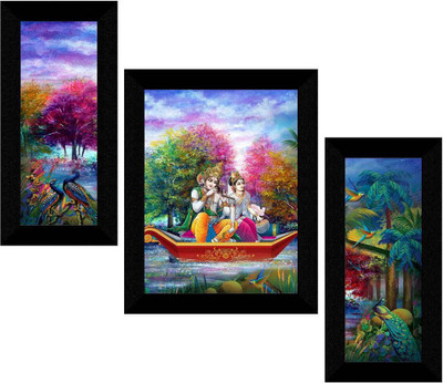 saf Radha Krishna Set of 3 Digital Reprint 13.5 inch x 22.5 inch Painting(With Frame, Pack of 3)