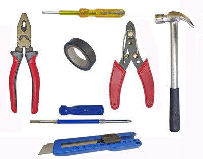 Inditrust Hand tool kit Plier 2in1 Screwdriver Electric Tape Electric Tester Paper cutter Claw hammer and Wire Cutter set (Pack of 7) Hand Tool Kit(7 Tools)