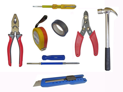 Inditrust Hand tool kit Plier Claw Hammer 2in1 Screwdriver Measurement Tape Electric Tape Tester Paper and Wire Cutter set (Pack of 8) Hand Tool Kit(8 Tools)