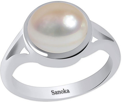 Sanoka Certified Moti 6.5 cts or 7.25 ratti Sterling Silver Pearl Sterling Silver Plated Ring