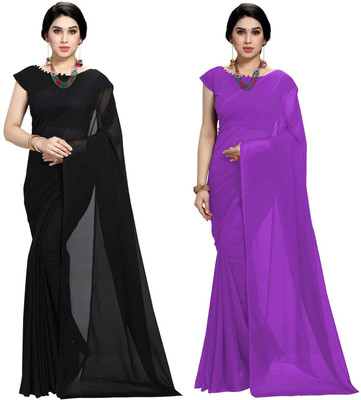ANAND Solid/Plain Bollywood Georgette Saree(Pack of 2, Purple, Black)