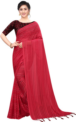 VR Fashions Striped Bollywood Georgette Saree(Red)