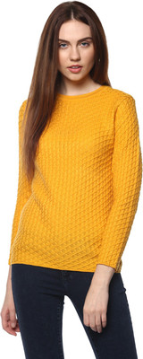 Modeve Self Design, Printed Round Neck Casual Women Yellow Sweater