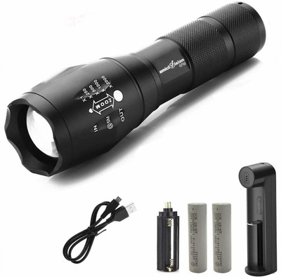 amiciVision Metal LED Torch Flashlight 2000 Lumens, XML T6 and 18650 Rechargeable Battery with Smart Battery Charger Torch(Black, 13 cm, Rechargeable)