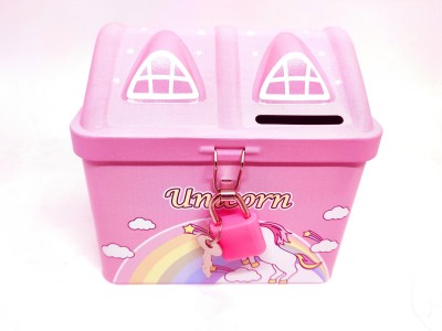 Johnnie Boy Unicorn pink Tin Metal Piggy Bank Saving Cash Coin Money Box Children Toy Kids Gifts With Lock Coin Bank(Pink)