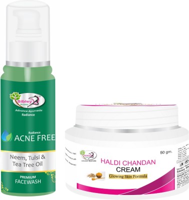 Sibley Beauty Neem Tulsi Tea Tree Oil Acne Face Wash (1 x 100 ml) - Haldi Chandan Skin Whitening Fairness Facial Cream (1 x 50 gm) - bright & facial glow, soft, smooth and glowing skin, oily dry normal combination skin, men women girls boys Pack of 2(2 Items in the set)