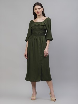 ATHENA Women Fit and Flare Dark Green Dress