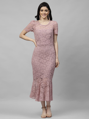 ATHENA Women Peplum Pink Midi/Calf Length Dress